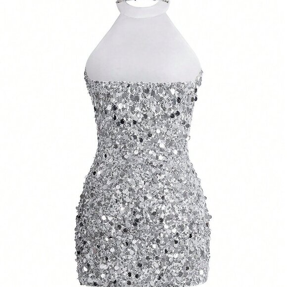 Silver Elegant Women's halter Collar Sexy Sleeveless ho9lidaySequin - Picture 9 of 11
